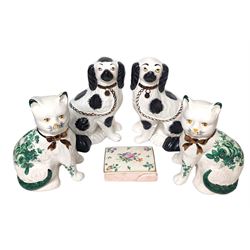 Pair of Staffordshire style dogs, together with a pair of Staffordshire style cats and a Clarice Cliff for Royal Staffordshire floral trinket box