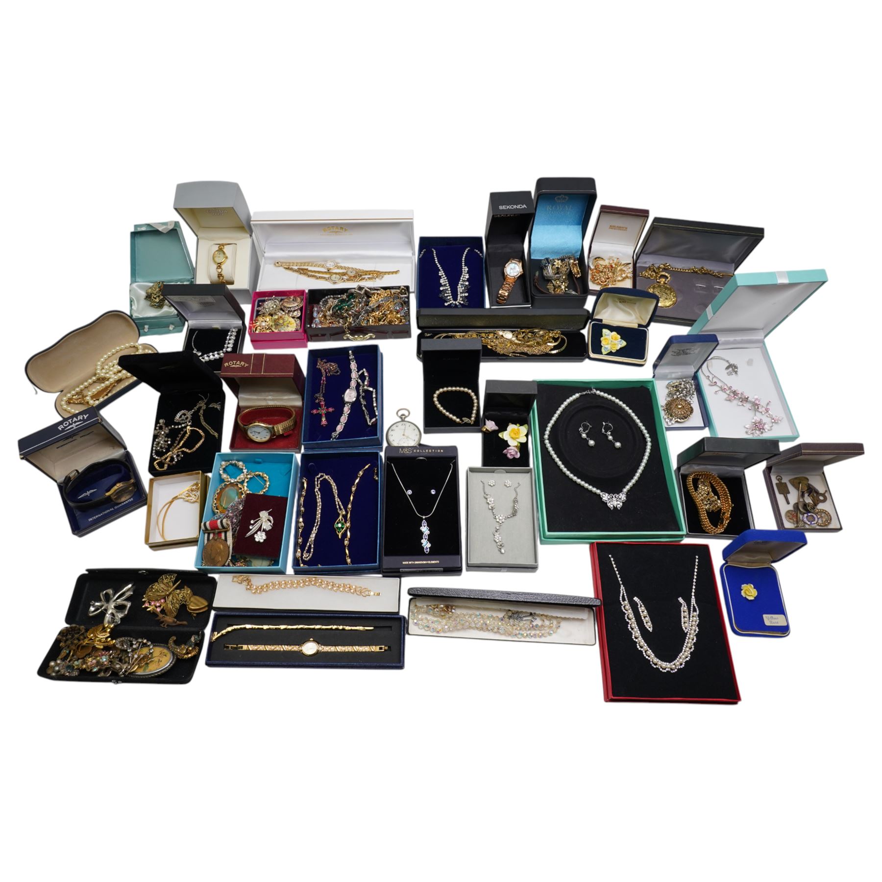 Silver fusee lever pocket watch, silver bangle and pair of silver garnet stud earrings, a large collection of costume jewellery and watches and a George VI Special Constabulary Faithful Service medal to John Dixon