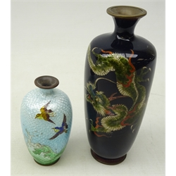  Japanese Ginbari vase decorated with birds above waves and another Japanese vase decorated with a three-claw dragon in Ginbari enameling, H15cm   