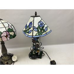 Three Tiffany style table lamps with leaded shades, to include a panelled amber example with bronzed base, H50cm incl shade, together with two further leaded shades