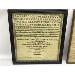 Late 18th century sampler worked with the alphabet above verses in red, by Mary Birkett aged 10 November 16th 1792, H33.5cm W34.5cm, together with another sampler worked with the alphabet above Proverbs 14:23, by Mary Anne Hainworth, Chesham, date unknown (--83), both in glazed frames, together with a quantity of Victorian and later dolls clothes to include lace examples