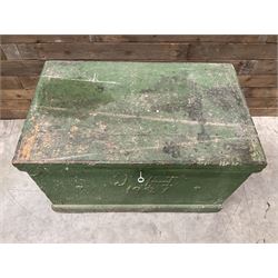 19th century green painted pine carpenters tool chest, mahogany lined fitted interior with adjustable sliding fitted compartments