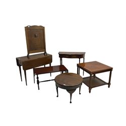 Square coffee table with cane work undertier (60cm x 60cm, H53cm), mahogany console table, oak firescreen with lion mask, drop leaf mahogany coffee table, a circular stained beech occasional table and a 19th century drop leaf mahogany table (6) 