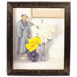 Neil Tyler (British 1945-): Still Life of Flowers with Cantonese ceramic Figure, oil on canvas signed and dated '04, 60cm x 50cm  

