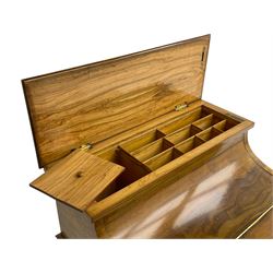 Fine and unusual 19th century olivewood piano top davenport, raised shaped back carved with olive branches and olives, the top hinges to reveal lidded and correspondence compartments, the piano lid enclosing sliding top with hinged and adjustable writing surface with leather inset, right-hand panelled door enclosing four drawers, olive branch and scroll carved cabriole front supports on moulded and shaped platform, turned cup feet with recessed castors 