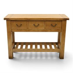 Contemporary golden ash and oak side table, rectangular top fitted with three drawers with...