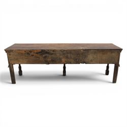 17th century 8’ oak dresser base with moulded front, rectangular top, above four drawers, raised on turned and block support 