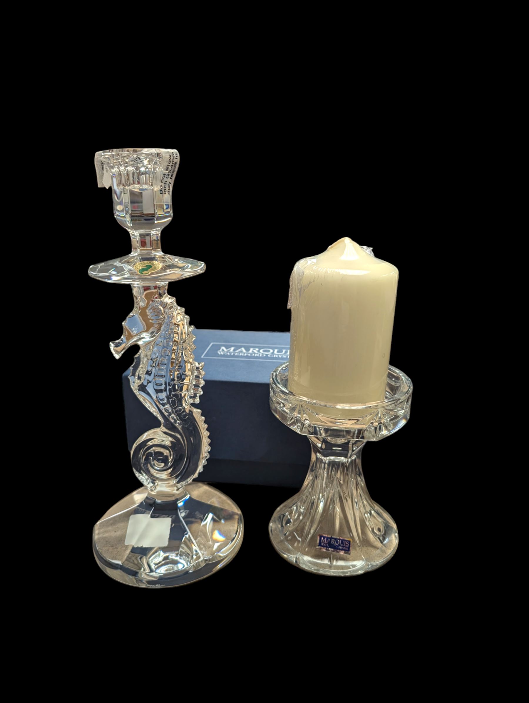 Waterford Crystal seahorse candlestick and a boxed Waterford crystal Marquis candlestick