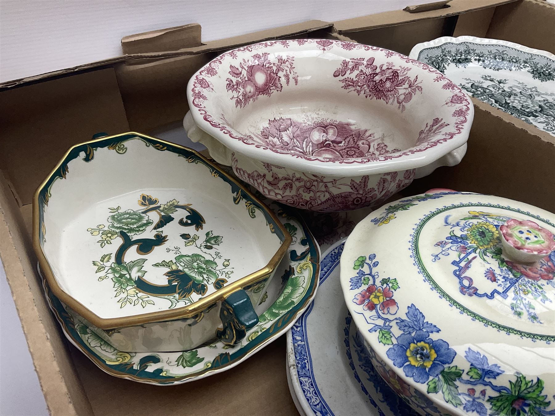 Masons Ironstone ceramics, including Ascot pattern jug, charger and oval plates, two tea jars, Manchu pattern fruit bowl, Fruit Basket pattern fruit bowl, etc, in three boxes