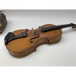 French Mirecourt violin c1920s with 36cm one-piece maple back and ribs and spruce top, labelled Jermone Thibouville-Lamy, L59cm, in fitted carrying case with German bow and 1984 valuation certificate by Frome Valley Music
