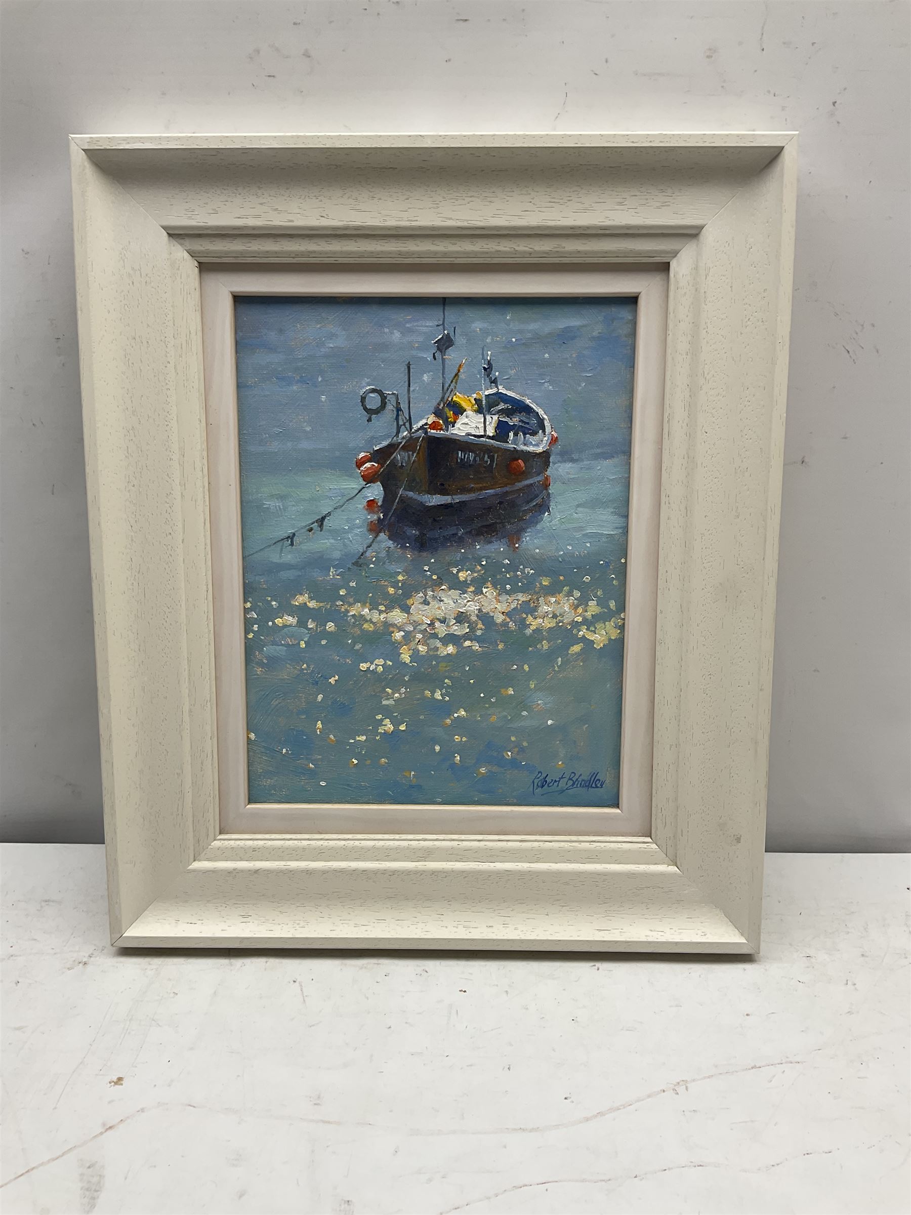 Robert Brindley (British 1949-): 'Sparkling Lights at Staithes Harbour', oil on board signed, titled verso 26cm x 20cm