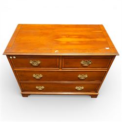 Late 20th century pair of yew wood chests of drawers, each with rectangular tops above two short over two long drawers, cockbeaded drawer fronts fitted with brass swan neck handles, raised on bracket feet