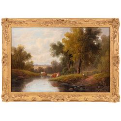 Etty Horton (British exh. 1892-1905): Rural Scenes with Figures and Cattle Watering, pair oils on canvas signed 39cm x 59cm (2)