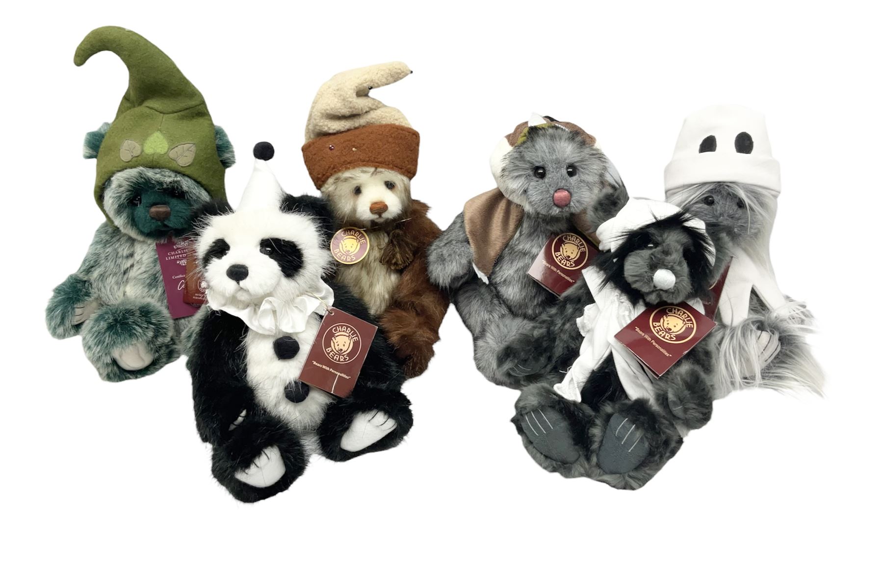 Six Charlie Bears, comprising Nutmeg CB621329, designed by Isabelle Lee, Toadstool CB195166, Pom Pom CB175154B, Whoooo CB195220O, Bandage CB215274O, and Bearwolf CB215275O, all with tags 