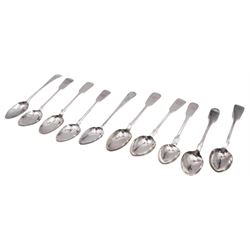 Seven silver Fiddle pattern teaspoons, comprising Victorian pair hallmarked John Walton, Newcastle 1850, Victorian pair hallmarked Josiah Williams & Co, Exeter 1860, and four others, three hallmarked Exeter and one Newcastle, dated 1833, 1835, 1846 and 1848, together with two Old English pattern teaspoons, the first example with bright cut decoration, hallmarked Christian Ker Reid, Newcastle, no date mark, the second example engraved with initials to terminal, maker's mark with lion passant and monarch's head, no date or assay office marks, approximate total weight 5.79 ozt (180 grams)