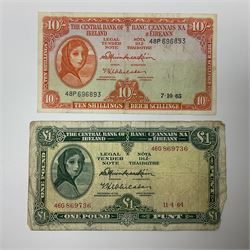 The Central Bank of Ireland one pound banknote 11.4.64 ‘46G 869736’ and ten shillings banknote 7.10.65 ‘48P 696893’