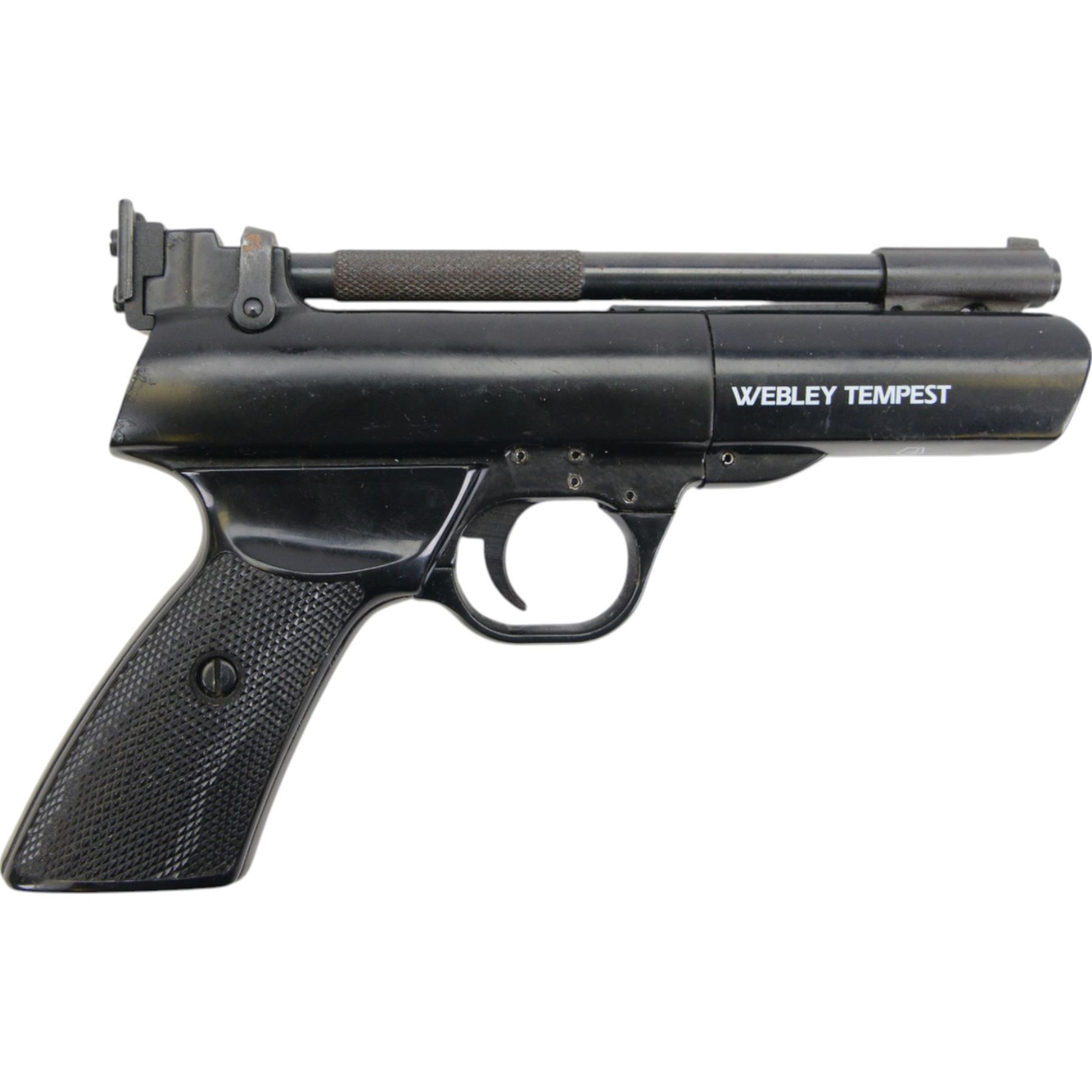 Webley Tempest .22 air pistol, the chamber marked 'Webley Tempest' and 'Webley & Scott Ltd. Made in England' beneath, with black checkered grip, H16cm, L28cm