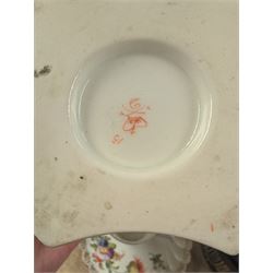 Two Royal Crown Derby pot pourri, Dresden teacup and saucer, three blue glass dressing table items, etc 