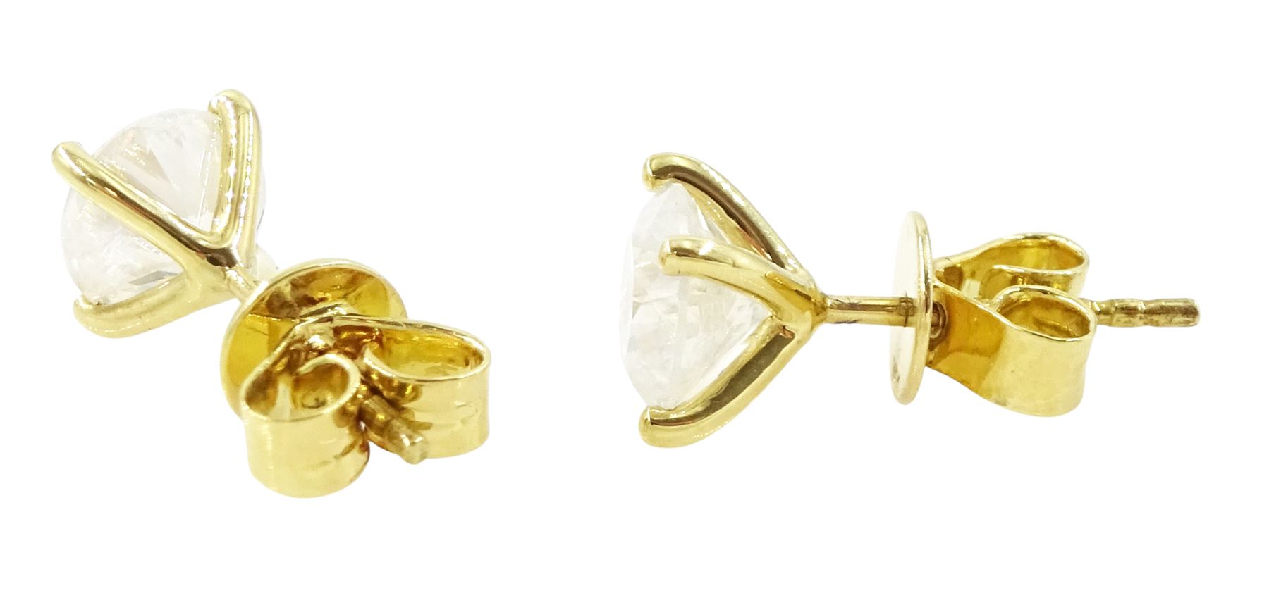 Pair of 18ct gold diamond earrings, each stud set with a single round brilliant cut diamond in a four claw setting, total diamond weight approx 2.15 carat