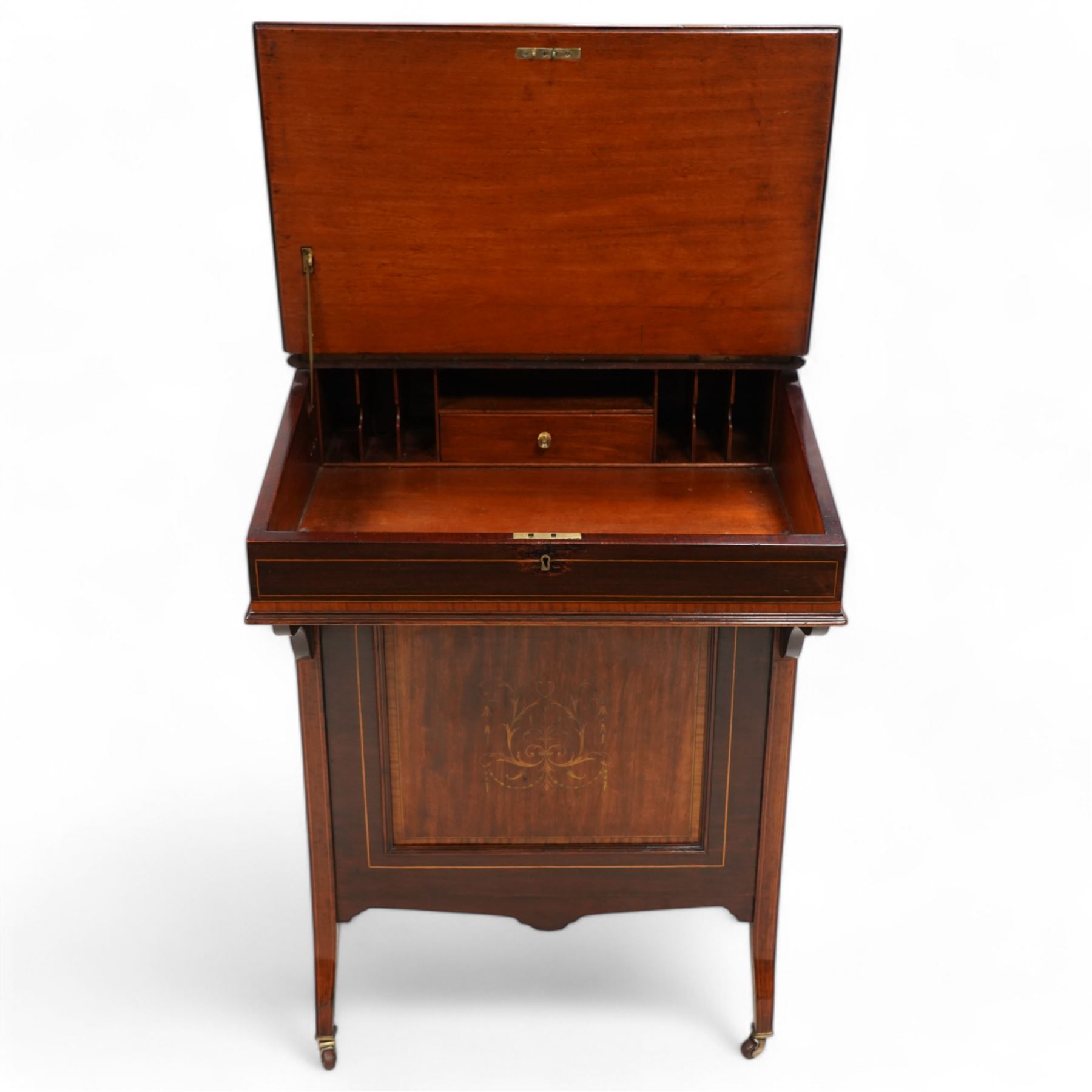 Edwardian inlaid mahogany Davenport desk, gilt metal gallery top with pen and ink stands over hinged top with inset leather writing surface, fitted with pigeon holes and small drawer, the right-hand side fitted with three drawers, on square supports with brass and ceramic castors 