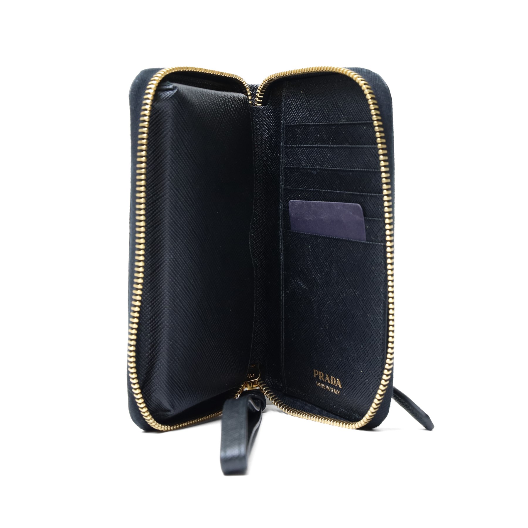 Prada - Saffiano Metal zip-around wallet, black Saffiano leather with gold-tone hardware and applied logo plaque, zip-around fastening with wrist strap and fitted interior, with authenticity card and original box