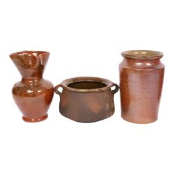 Two twin handled Spanish terracotta pots, together with terracotta pitcher and three similar, largest H35cm 