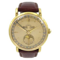 Omega Cosmic Moonphase triple calendar gentleman's 18ct gold manual wind wristwatch, circa 1940's, 17 jewels movement, Cal. 27 DL PC, No. 10936239, on brown leather strap