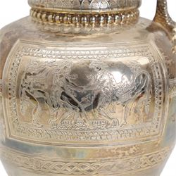 Victorian silver claret jug of baluster form engraved with Greek dithyramb panels in honour of  Dionysus, the spout with the mask of Pan, the scroll handle with birds foot terminal and with further engraved guilloche and other decoration H36cm Sheffield 1864 Maker Roberts & Belk. This item has been registered for sale under Section 10 of the APHA Ivory Act