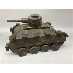 1940s French wooden eight wheel model FFI free tank, painted in brown camouflage, together with a 1940s wooden scratch built model of a landing craft, tank H18cm, W31cm