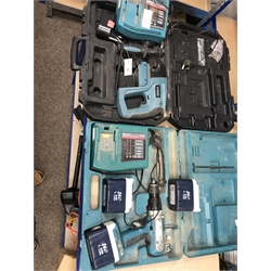 A quantity of hand tools including a Ferm FAG-230 angle grinder, a MacAllister reciprocating saw, a jig saw etc