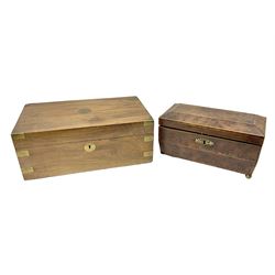 19th century burr yew wood tea caddy, of sarcophagus form, with strung details and brass mounts, the interior split into three compartments, upon four brass bun feet, together with an oak and brass bound writing slope, with red leather interior with gilt detailing, largest H16cm, W40cm