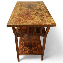 19th century mahogany coal scuttle, shaped raised back carved with shell fan motif, swing front enclosing original removable metal liner with handle, panelled front with cast drop handle, over slatted undertier (H 65cm, W 33cm, D 34cm)
Early 20th century mahogany magazine table, rectangular top and undertier decorated with gilt foliate and scroll marquetry, shaped pierced side rails forming magazine divisions, on square tapering supports (H 70cm, W 71cm, D 45cm)