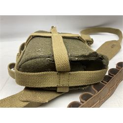 Mundial Brazil bowie knife, the 15.5cm steel blade inscribed 'Sheriff Knife', with banded and aluminium hilt; in leather sheath L29cm overall; British Army felt covered metal water bottle with webbing strap; leather 12-bore cartridge belt; and small pair of non-military binoculars in part case (4)