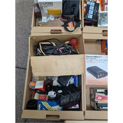 Large collection of photography equipment, including two video cameras JVC and a Panasonic 3CCD, tripods, filters, photograph paper, developing equipment, Dalite projector screen, etc, some boxed some empty boxes, and a Midgard Pocket Microscope