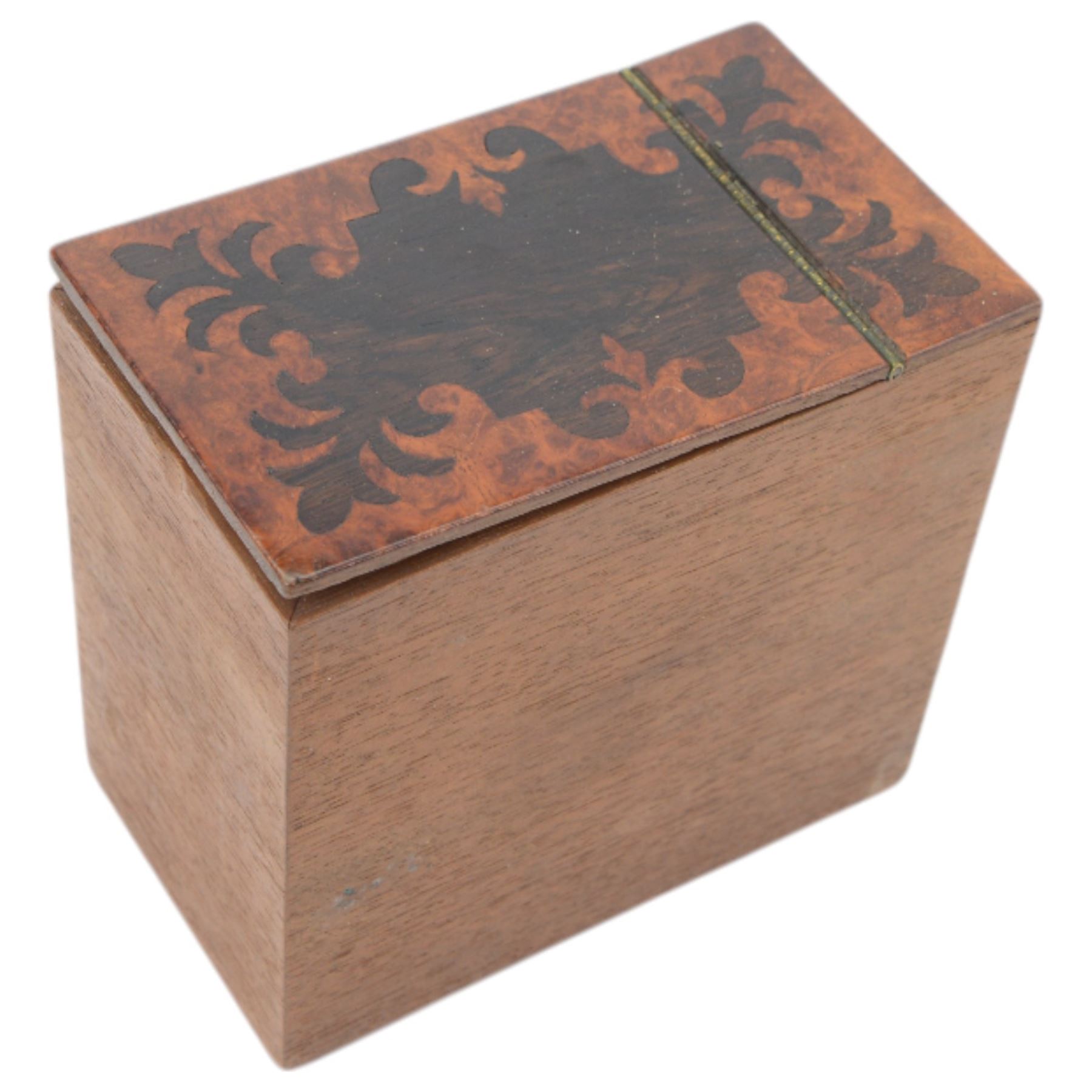 Victorian rosewood inlaid tea caddy, of sarcophagus form with twin ring handles, the interior with two lidded compartments  and later central mixing bowl, upon four bun supports, H32cm
