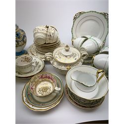 A Sevres style pot pourri vase and cover, hand painted with floral swags, H20cm, together with a group of 19th century teawares, and a Plant Tuscan teaset, comprising eleven teacups, twelve saucers, twelve side plates, milk jug, slop bowl/open sucrier, and sandwich plate. (Qty). 