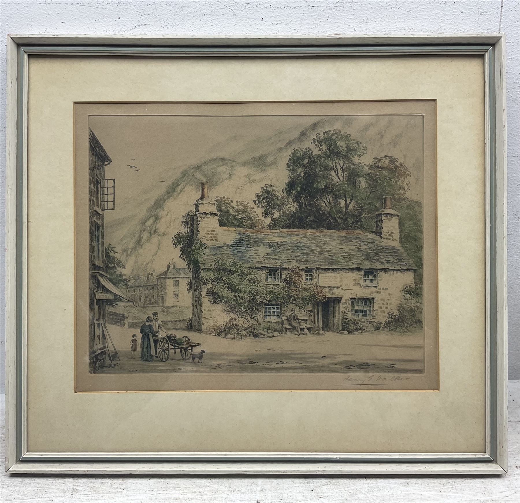 Henry George Walker (British 1876-1932): The Village Inn, etching with hand colouring; English School (Early 20th Century): Whitby Boats, watercolour unsigned; Hubert Ernest Bulmer (British 1874-1963): 'The Lodge - North Stainley Hall Nr Ripon', watercolour signed titled and dated 1948; John Cartmel Crossley (British 1933-?): 'The Road to Eglingham', watercolour signed, titled verso max 24cm x 34cm (4)