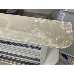 Six shelved cabinets for displaying ‘00’ gauge locomotives comprising plain plywood and white painted examples with track applied to various shelves, largest H63cm, W107cm, D27cm; Collection of tools for building model locomotives to include Weller PU-2D Soldering Pencil and Standard Tip Soldering Iron 20W/230V, Humbrol Modellers Airbrush, Power Supply Units and two wooden chests one of which housing a collection of tools including tweezers, scalping tools, wrenches etc 