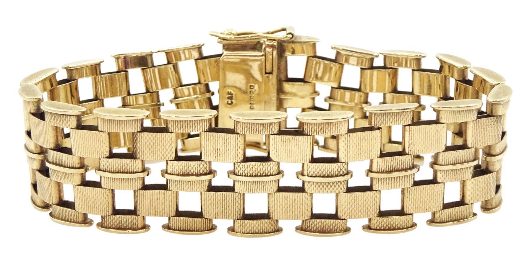 9ct gold fancy textured and polished link bracelet by Cropp & Farr Ltd, Birmingham 1971