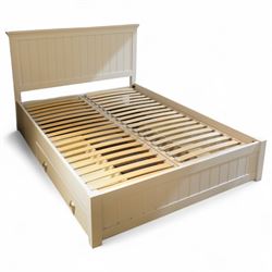 Downton 5' Kingsize contemporary white painted double bed frame, with tongue and groove st...