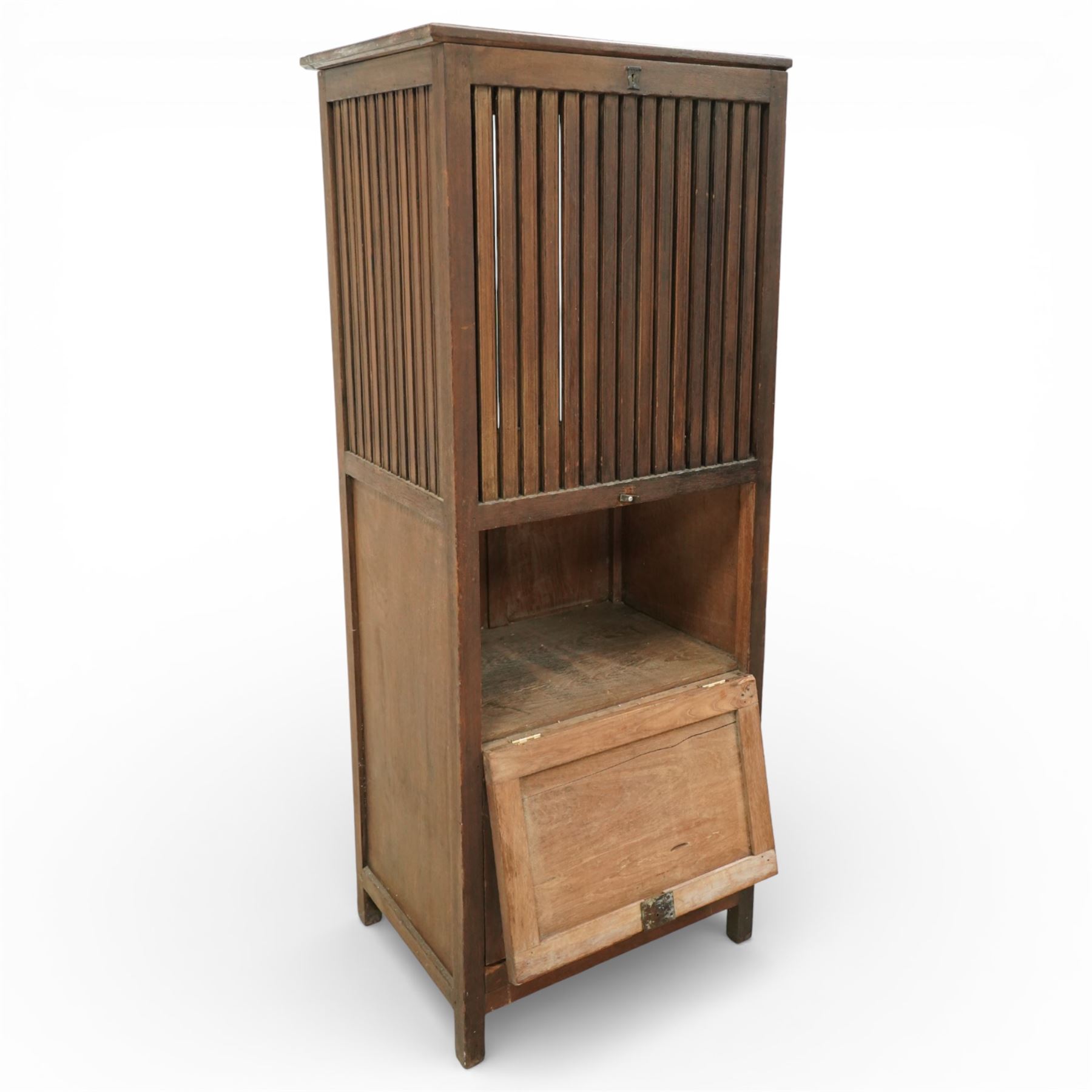 19th century Anglo Indian teak clothes airer cabinet, the rectangular top above a slatted upper compartment enclosed by twin doors, over two fall front compartments with metal drop handles, plain panelled sides and raised on square section supports