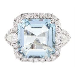 18ct white gold octagonal mixed cut aquamarine, round brilliant and pear cut diamond ring, stamped, 750, aquamarine 8.60 carat, total diamond weight 1.24 carat, with World Gemological Institute report