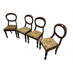 Set of four Victorian mahogany balloon back dining chairs, upholstered drop in seats