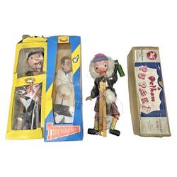 Three Pelham puppets - 'Brains' from Thunderbirds in blue/yellow box; Witch in yellow window box; and Macboozle in brown box (3)