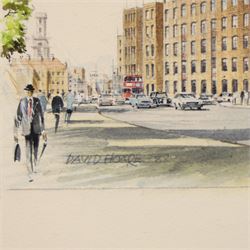 David Hoare (British 20th Century): Two architectural perspectives of Wapping - London, pair of watercolours heightened with white laid on to cardboard signed and dated '88 max 38cm x 54cm (2) (unframed)
Notes: These perspectives depict two different buildings proposed for the exact same location.