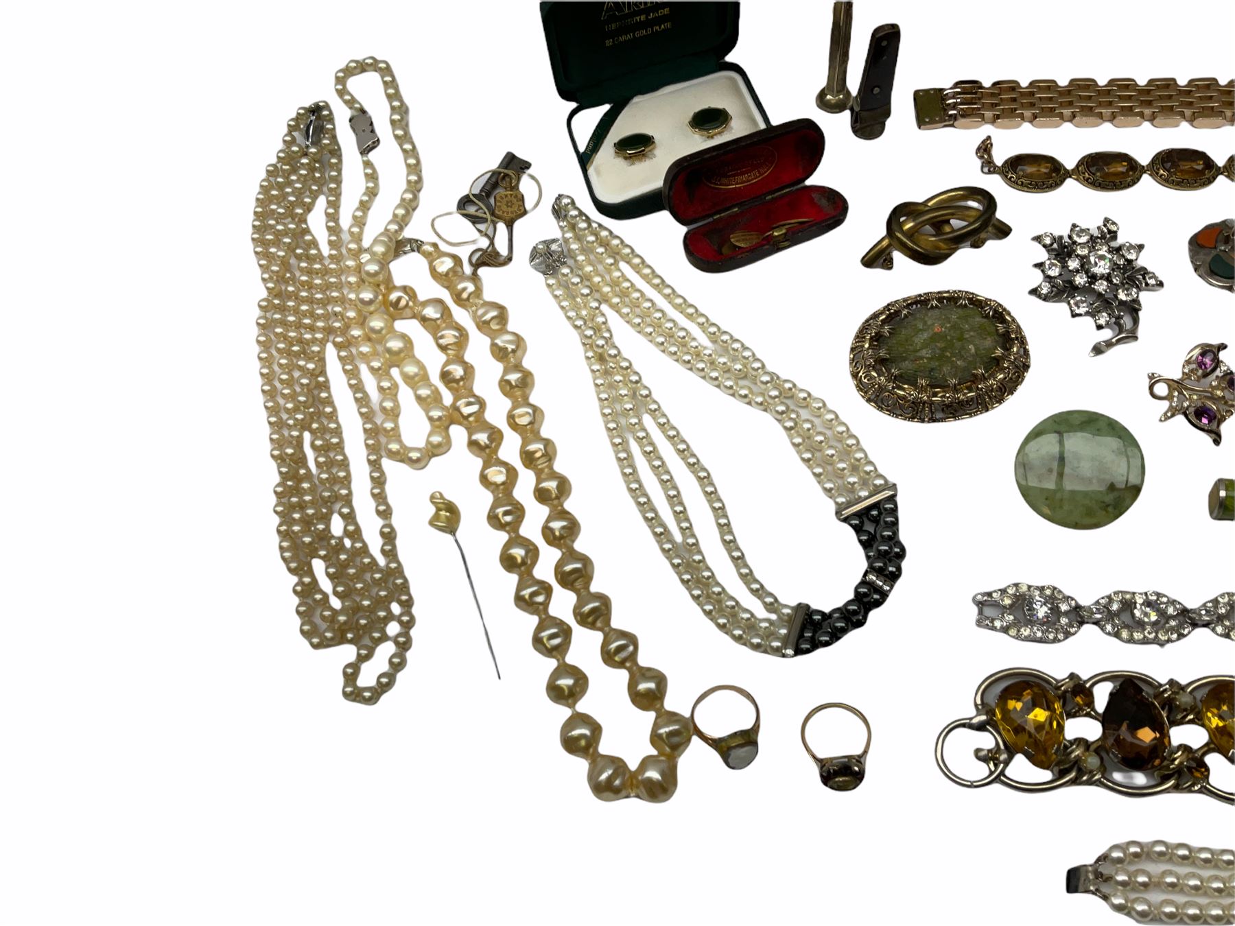 Silver cigar piercer by Dunhill, Birmingham 1958, gold garnet ring, stamped 9ct, Victorian rose gold shank hallmarked with soldered gilt cameo head and a collection of vintage and later costume jewellery