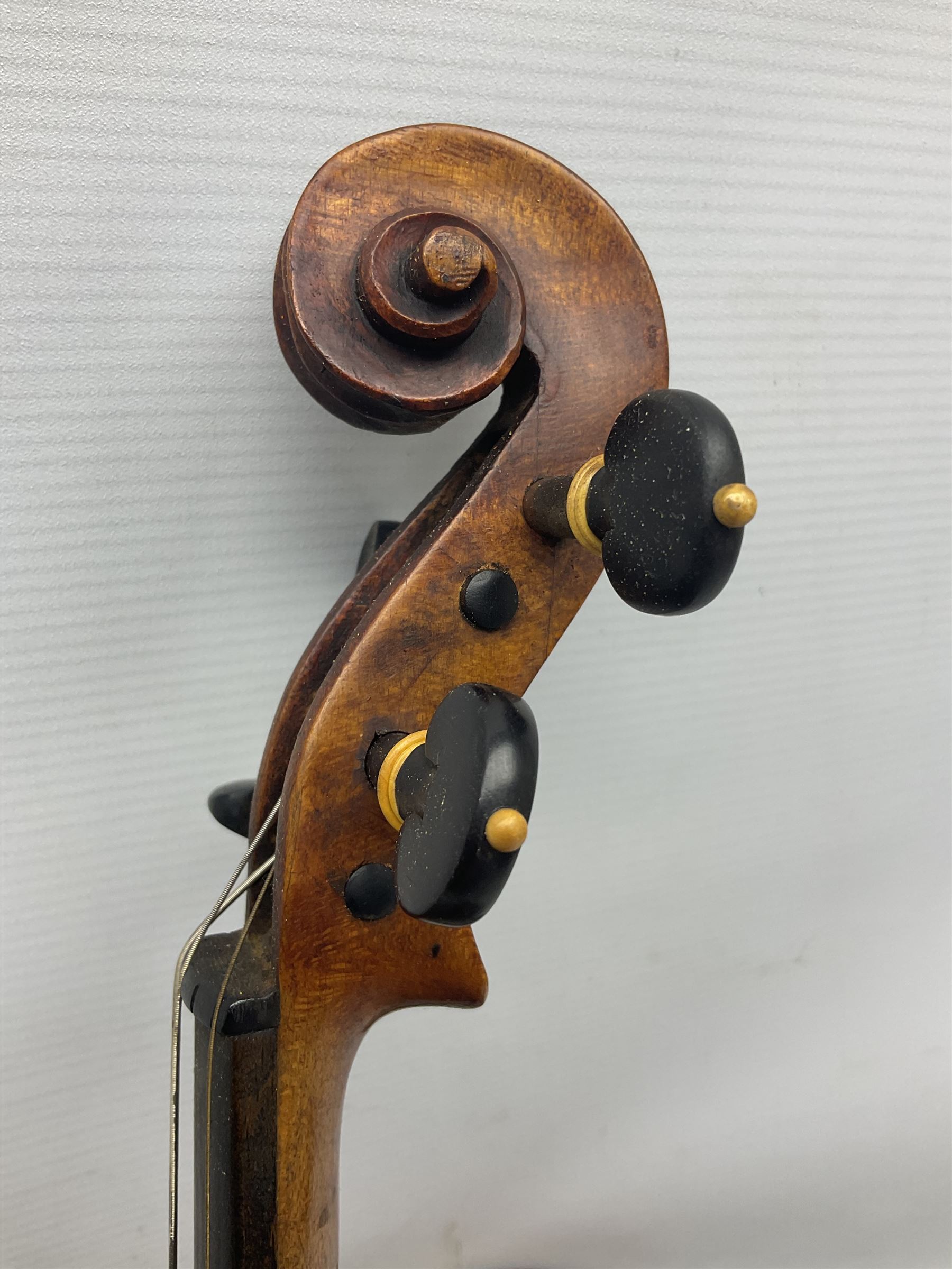 Mid-19th century German violin with 36cm two-piece maple back and ribs and spruce top, bears label 'Riccardo Antoniazzi Cremonese fece in Milano l'anno 1896' L59.5cm overall; in walnut case with two part bows