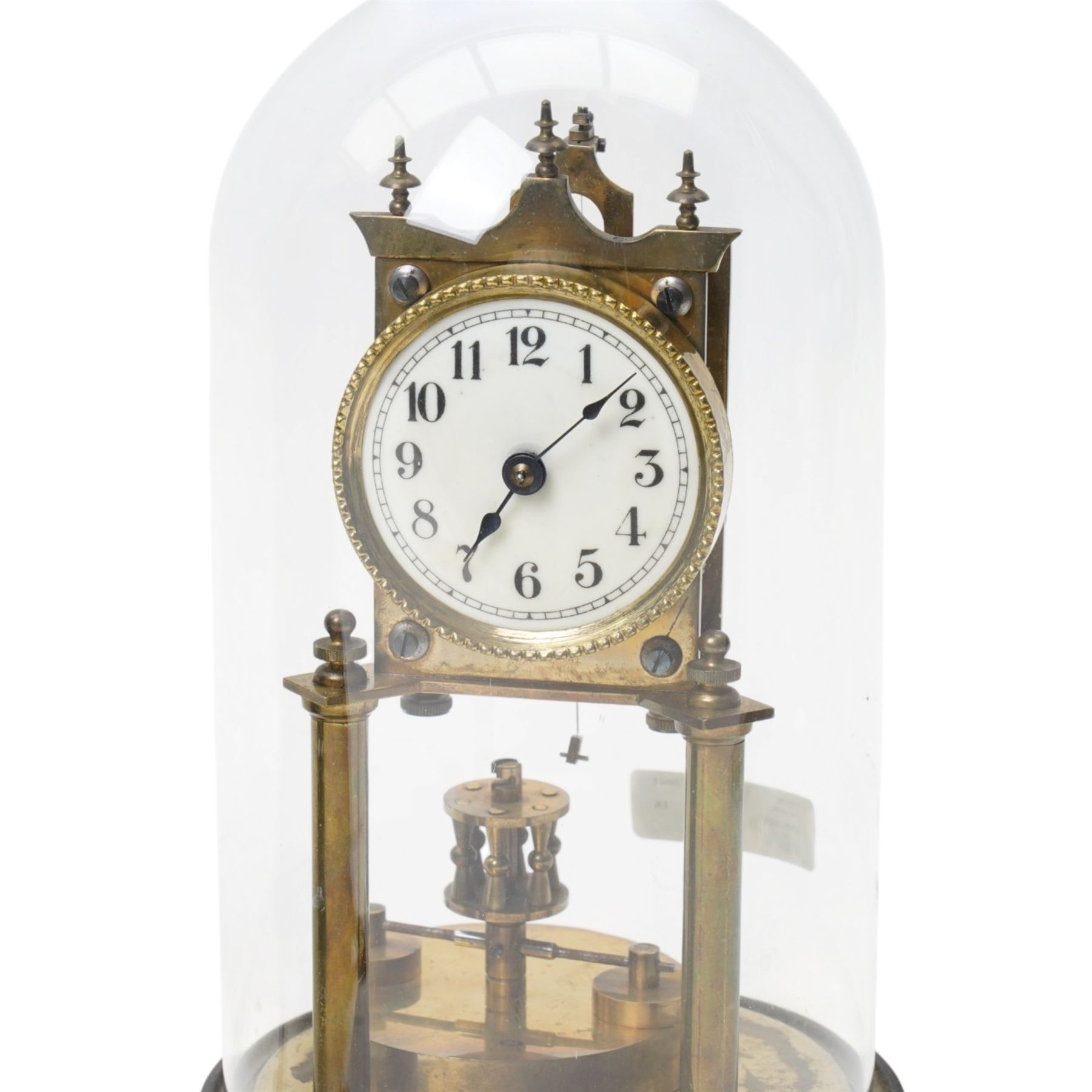 Late 19th century mantel clock with ivorine dial, bell strike, in cast metal case and a 365 day clock under glass dome shade