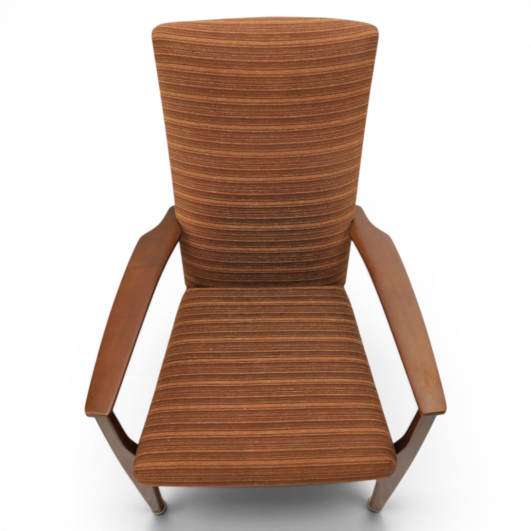 Parker Knoll - 'PK 988' open armchair, with teak frame, upholstered in a striped fabric, raised on tapering supports, the loose seat cushion supported on elasticated webbing 
