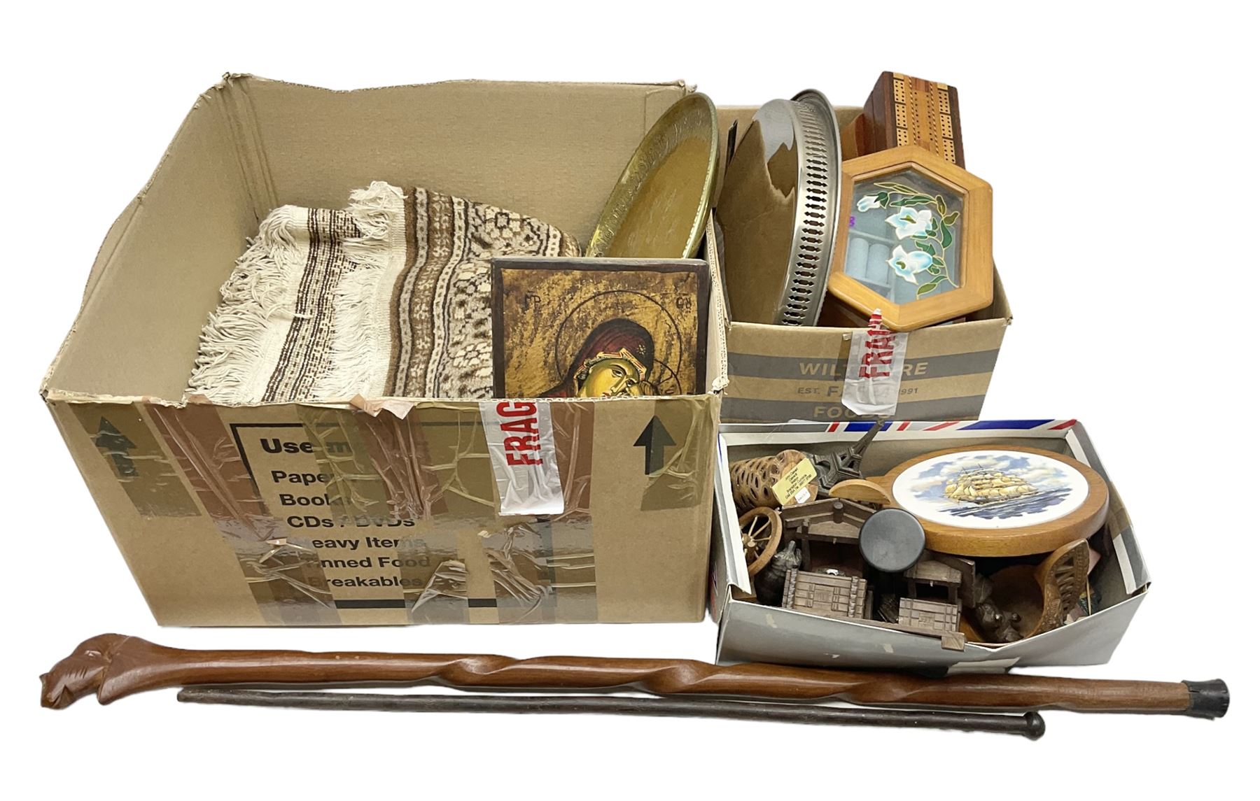 Silver plated jewellery box with foliate decoration and domed hinged lid, further silver plate and other metalware,
Icon of Mary and baby Jesus on wood, quantity of craved treen, rug etc